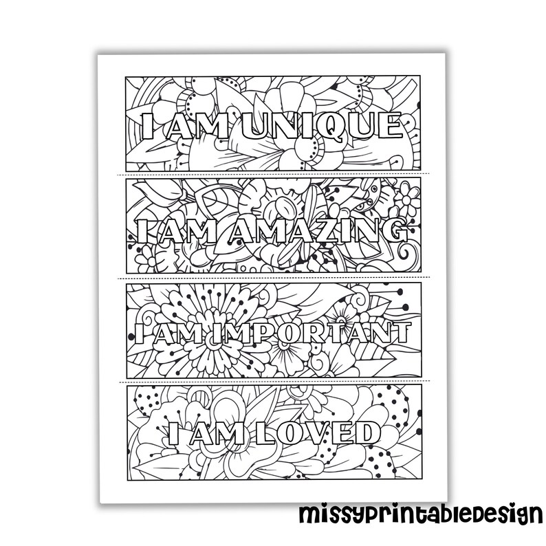 K&ouml;nnte beinhalten: Vier schwarz-wei&szlig;e druckbare Lesezeichen mit floralen Designs und dem Text "Ich bin einzigartig", "Ich bin fantastisch", "Ich bin wichtig" und "Ich bin geliebt".