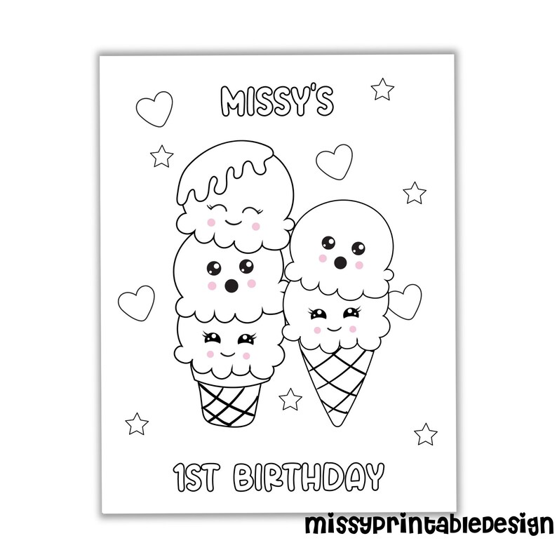 Personalized Ice Cream Party Coloring Pages Custom Ice Cream Etsy