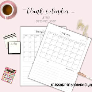 Vertical Monthly Blank Calendar, Printable Simple Calendar, 8.5x11 inches, Calendar Inserts, Minimalist Calendar, Instant Download