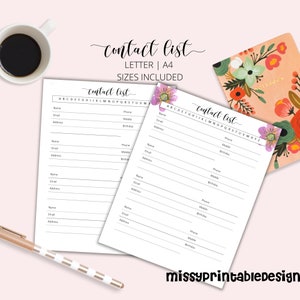 Contact List, Printable Address Book, Contact Sheets, Contact Log, Printable Contact Tracker, Contact Journal, Address Journal