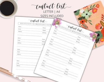 Printable Contact List, Address Book Inserts (A4, Letter, A5) (Digital Download)