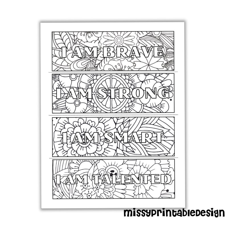 K&ouml;nnte beinhalten: Vier schwarz-wei&szlig;e druckbare Lesezeichen mit floralen Designs und dem Text "Ich bin mutig", "Ich bin stark", "Ich bin klug" und "Ich bin talentiert".
