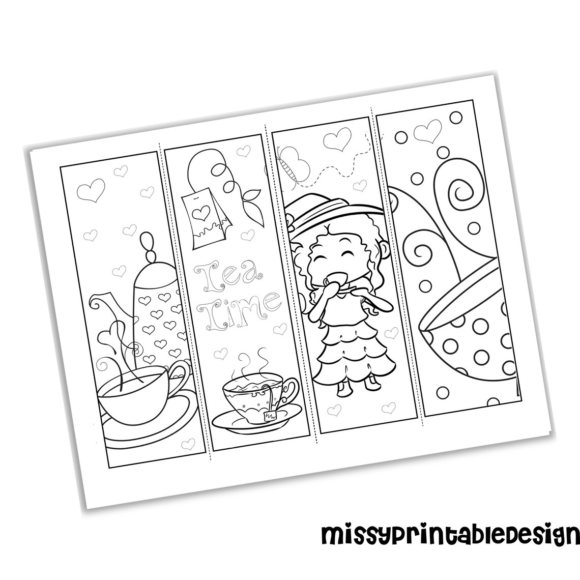 Tea Party Coloring Bookmarks set of 4 Printable Tea Party | Etsy