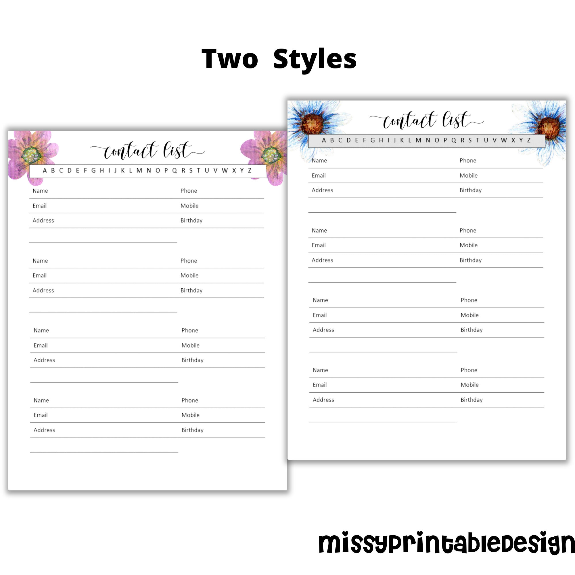 Printable Contact List, Address Book Inserts (A4, Letter, A5) (Digital Download)
