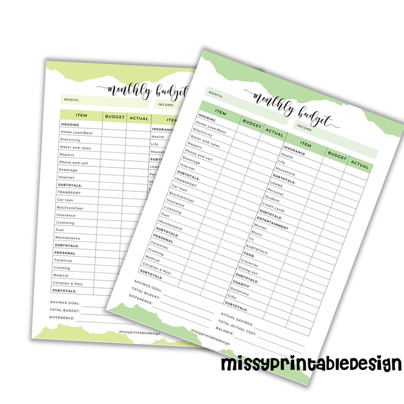 May include: A printable monthly budget tracker with green and yellow accents. The tracker includes sections for housing, transportation, insurance, loans, entertainment, food, and charity. The tracker also includes sections for savings goals, total budget, and difference.