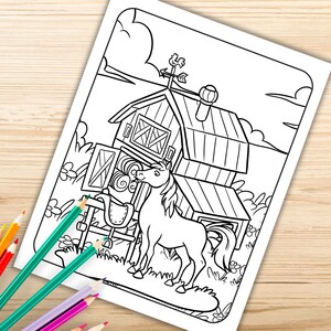 May include: Black and white line art coloring page featuring a horse standing in front of a barn. The barn has an open door, a weather vane, and a saddle. Colored pencils are in the lower left corner.