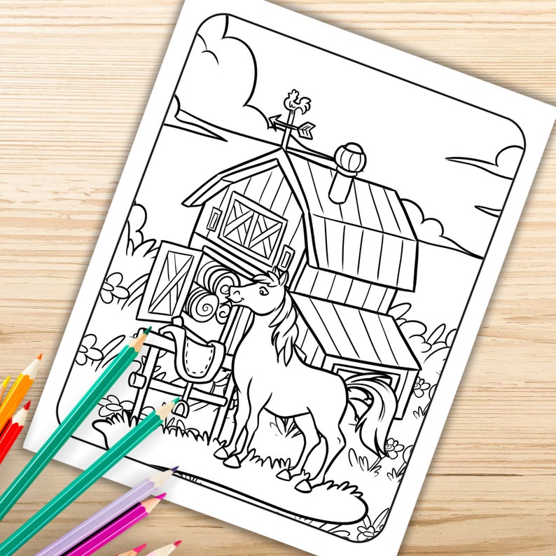 May include: Black and white line art coloring page featuring a horse standing in front of a barn. The barn has an open door, a weather vane, and a saddle. Colored pencils are in the lower left corner.