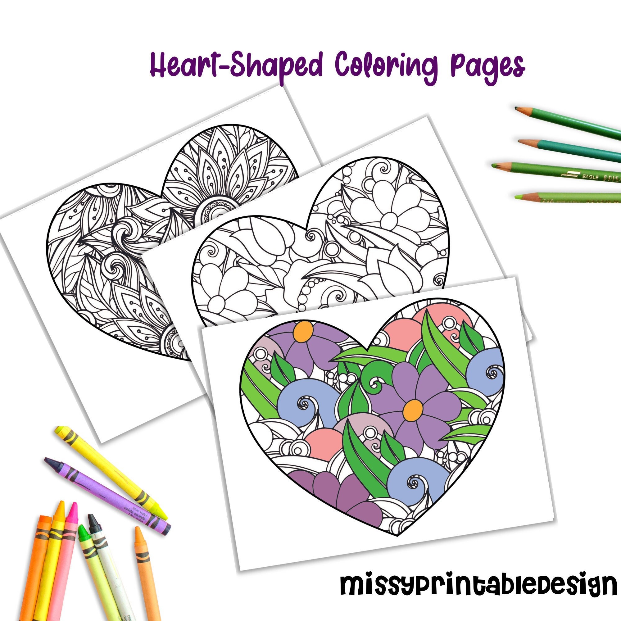 20 Heart Coloring Pages, Adult Coloring Pages, Stress Relief Coloring ,  Printable Coloring PDF, Instant Download