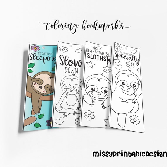 Sloth Coloring Bookmarks (Set of 4), Printable Sloth Coloring, Party