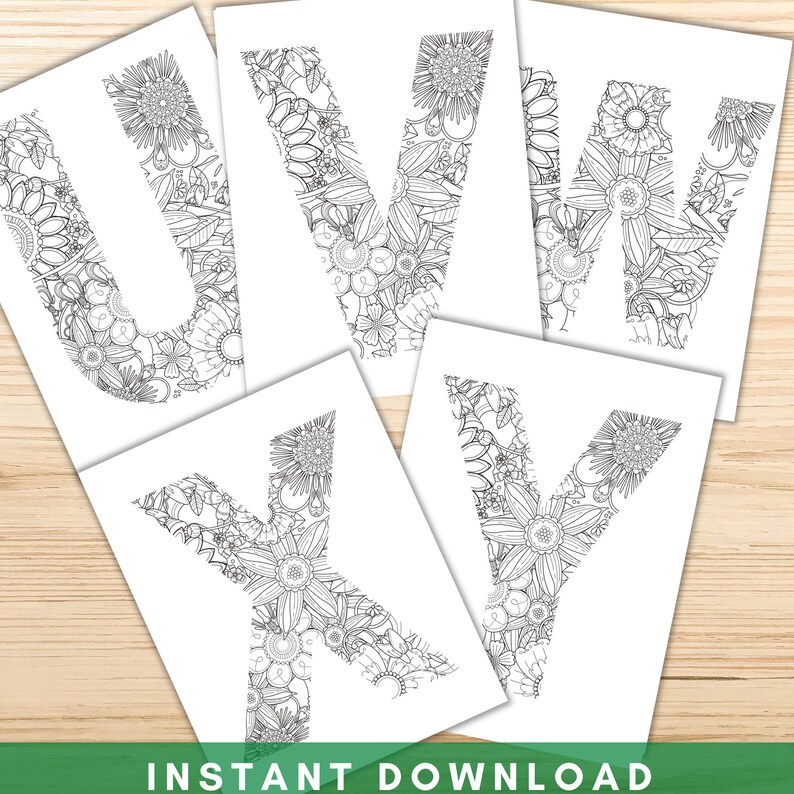 Floral Alphabet Letters Coloring Pages Printable Adult Etsy