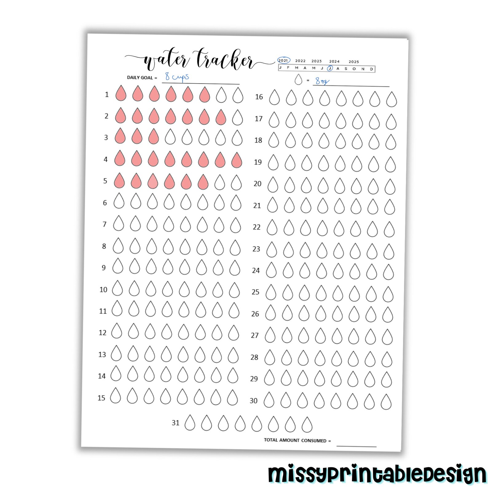 Water Tracker Printable Monthly Water Intake Chart Water Etsy