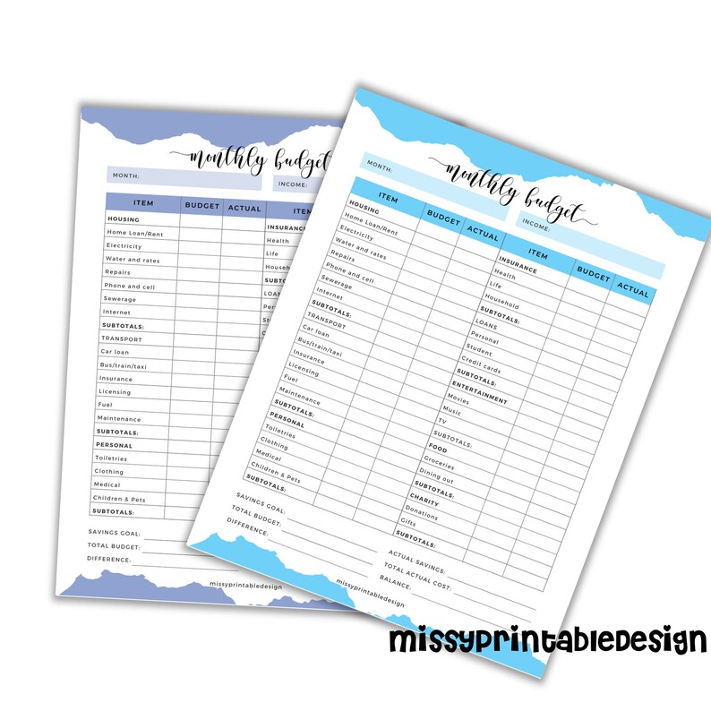 May include: A printable monthly budget tracker with sections for housing, transportation, insurance, loans, entertainment, food, and charity. The budget tracker is designed with a blue and white color scheme and has a wavy border.