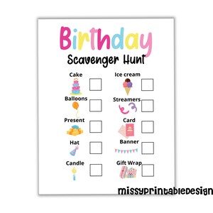 Birthday Party Scavenger Hunt, Printable Birthday Scavenger Game ...