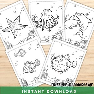 May include: A set of five black and white coloring pages featuring various sea creatures, including a starfish, octopus, dolphin, pufferfish, and clownfish. Each page includes bubbles and seaweed.