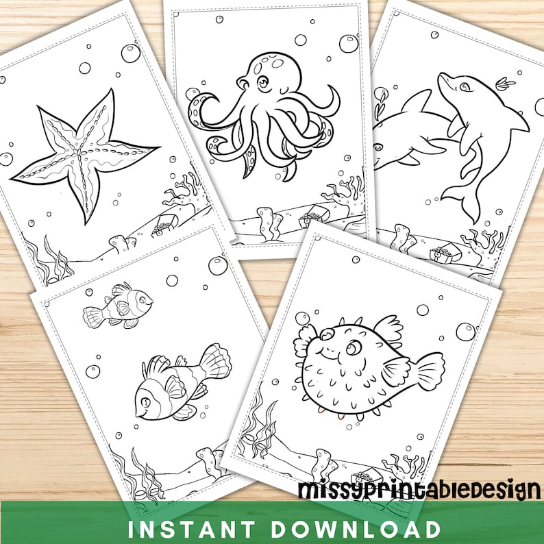 May include: A set of five black and white coloring pages featuring various sea creatures, including a starfish, octopus, dolphin, pufferfish, and clownfish. Each page includes bubbles and seaweed.