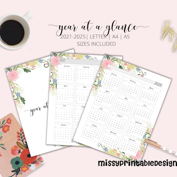 2021 -2025 Yearly Calendar, 2022 Yearly Calendar, Year at a Glance, Yearly Agenda, A4, A5, Letter Size, Printable Planner Insert