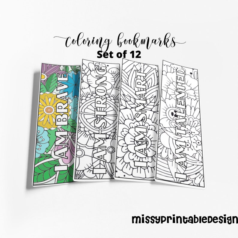 K&ouml;nnte beinhalten: Set mit 12 schwarz-wei&szlig;en Malvorlagen f&uuml;r Lesezeichen mit floralen Designs. Jedes Lesezeichen hat eine andere positive Affirmation: Ich bin mutig, ich bin stark, ich bin klug, ich bin talentiert.