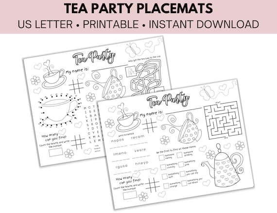 Tea Party Placemat, Printable Tea Party Placemats, Coloring Page for Kids, Kids Birthday, Customized Party Placemat Il_570xn