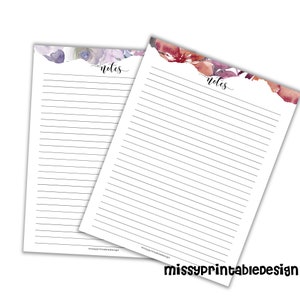 May include: Two printable note pages with floral designs. The top page has a purple and blue floral design and the bottom page has a red and orange floral design. Both pages have the word "notes" written in cursive at the top.