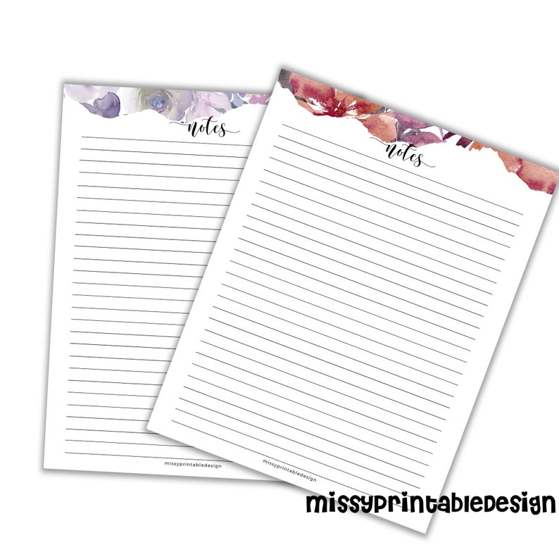 May include: Two printable note pages with floral designs. The top page has a purple and blue floral design and the bottom page has a red and orange floral design. Both pages have the word "notes" written in cursive at the top.