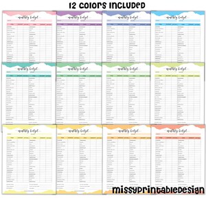 May include: Twelve printable monthly budget worksheets in different colors. Each worksheet has columns for item, budget, actual, and difference. The text "monthly budget" is at the top of each worksheet.