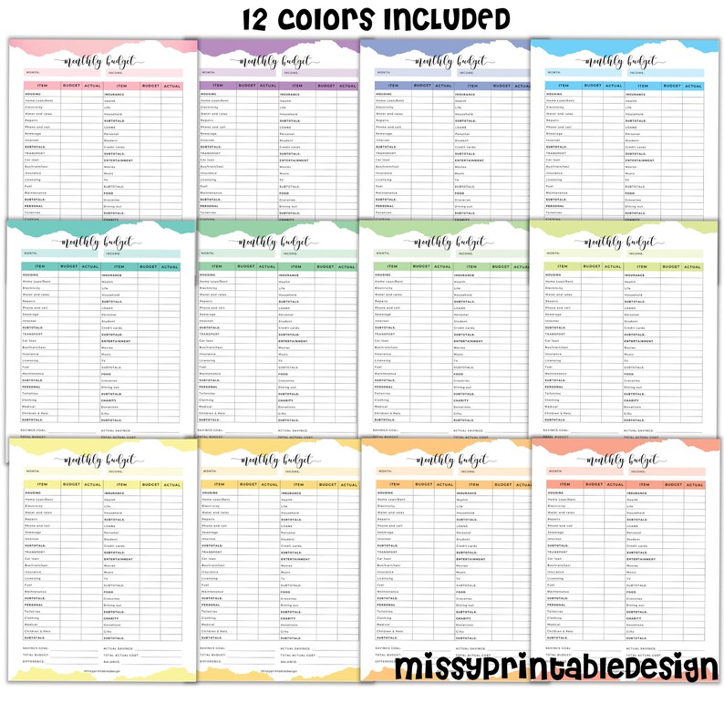 May include: Twelve printable monthly budget worksheets in different colors. Each worksheet has columns for item, budget, actual, and difference. The text "monthly budget" is at the top of each worksheet.