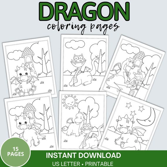 Dragon Coloring Pages for Kids, Dragon Party, 15 Designs (Digital Download)