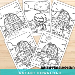May include: A collection of black and white printable coloring pages featuring farm scenes. Each page includes a barn, animals, and children. The words "instant download" are at the bottom of the image.