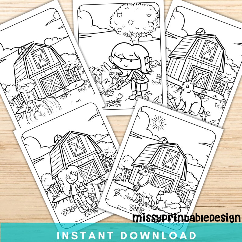 May include: A collection of black and white printable coloring pages featuring farm scenes. Each page includes a barn, animals, and children. The words "instant download" are at the bottom of the image.