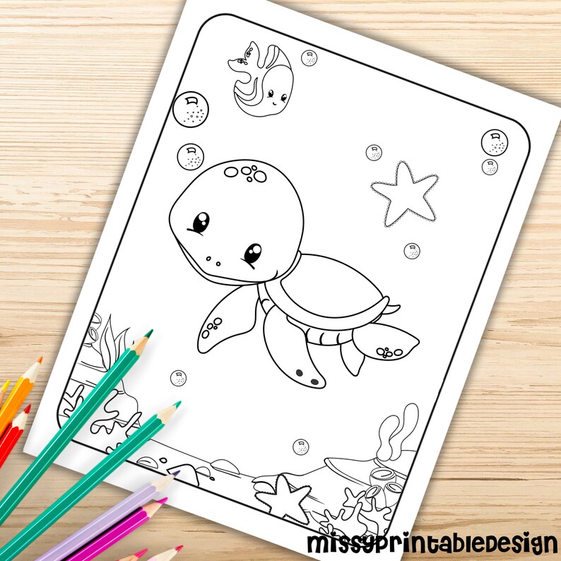 May include: A black and white colouring page featuring a cartoon turtle swimming in the ocean. The turtle has big eyes and a shell with lines. There are bubbles, a starfish, and seaweed in the background.