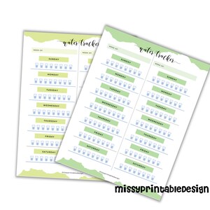 May include: Two printable water tracker sheets with a green and yellow background. Each sheet has a grid of 8 rows and 10 columns with a glass icon in each square. The sheets are labeled "water tracker" and have a space to write in the week number.