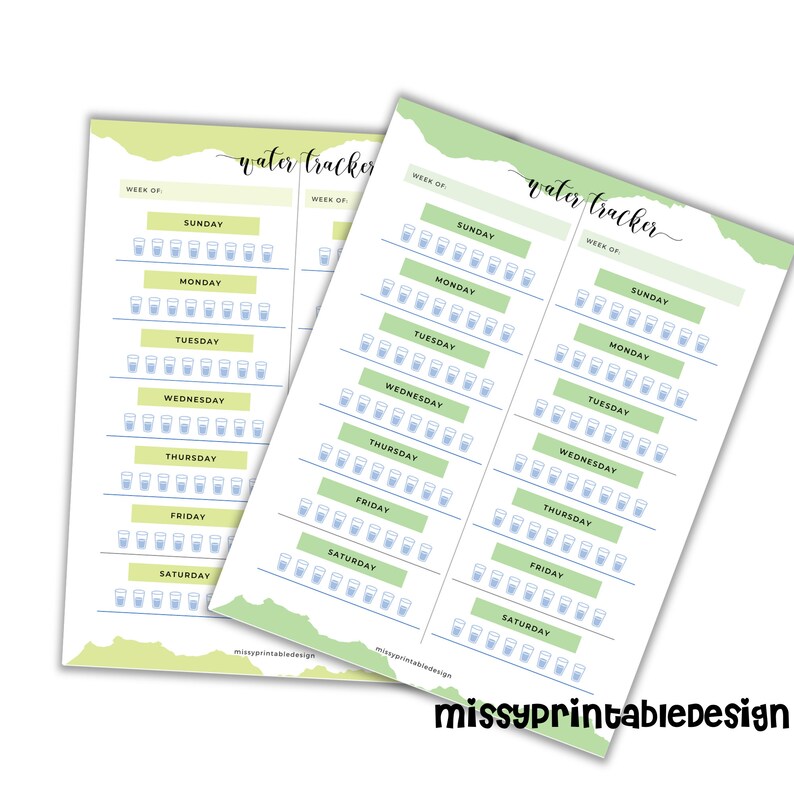May include: Two printable water tracker sheets with a green and yellow background. Each sheet has a grid of 8 rows and 10 columns with a glass icon in each square. The sheets are labeled "water tracker" and have a space to write in the week number.