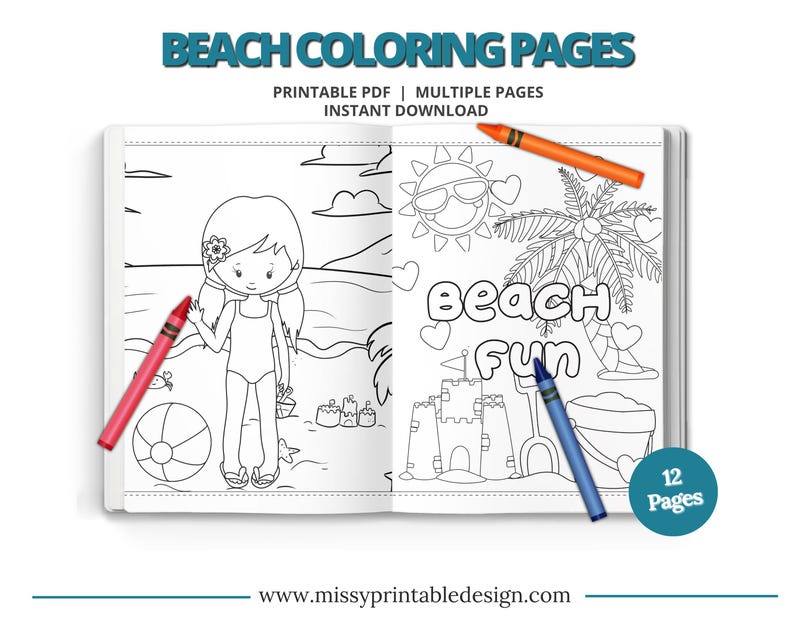 May include: A black and white coloring book with 12 pages featuring a girl on the beach, a palm tree, a sandcastle, and the words "Beach Fun".