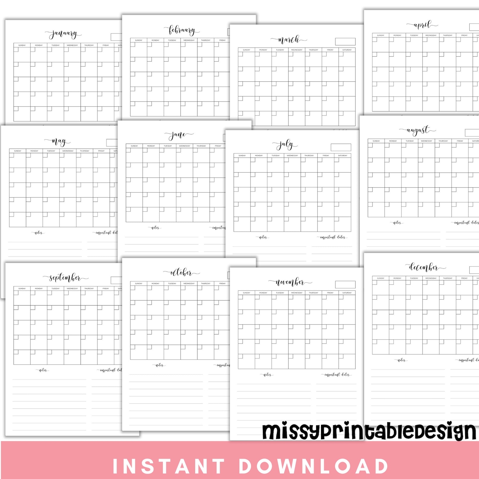 Vertical Monthly Blank Calendar Printable Simple Calendar | Etsy