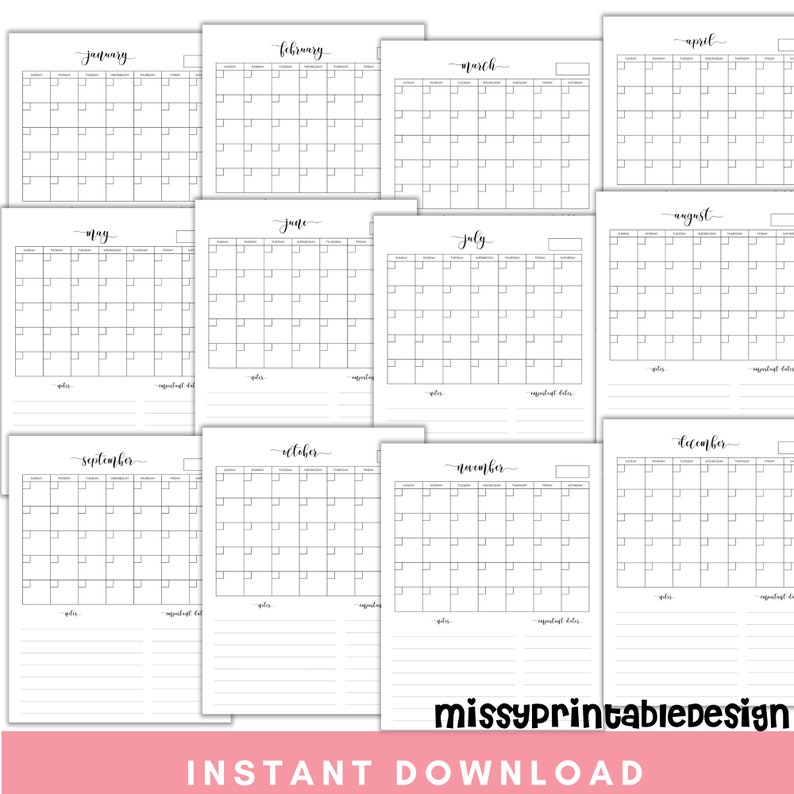 Vertical Monthly Blank Calendar Printable Simple Calendar - Etsy