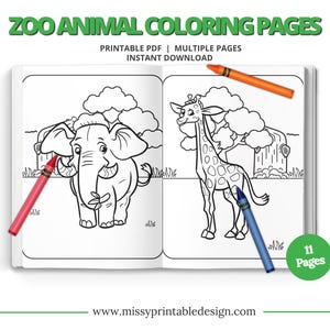 Zoo Animals Coloring Pages, Printable Animal Coloring Pages, Zoo Animals Activity, Instant Download