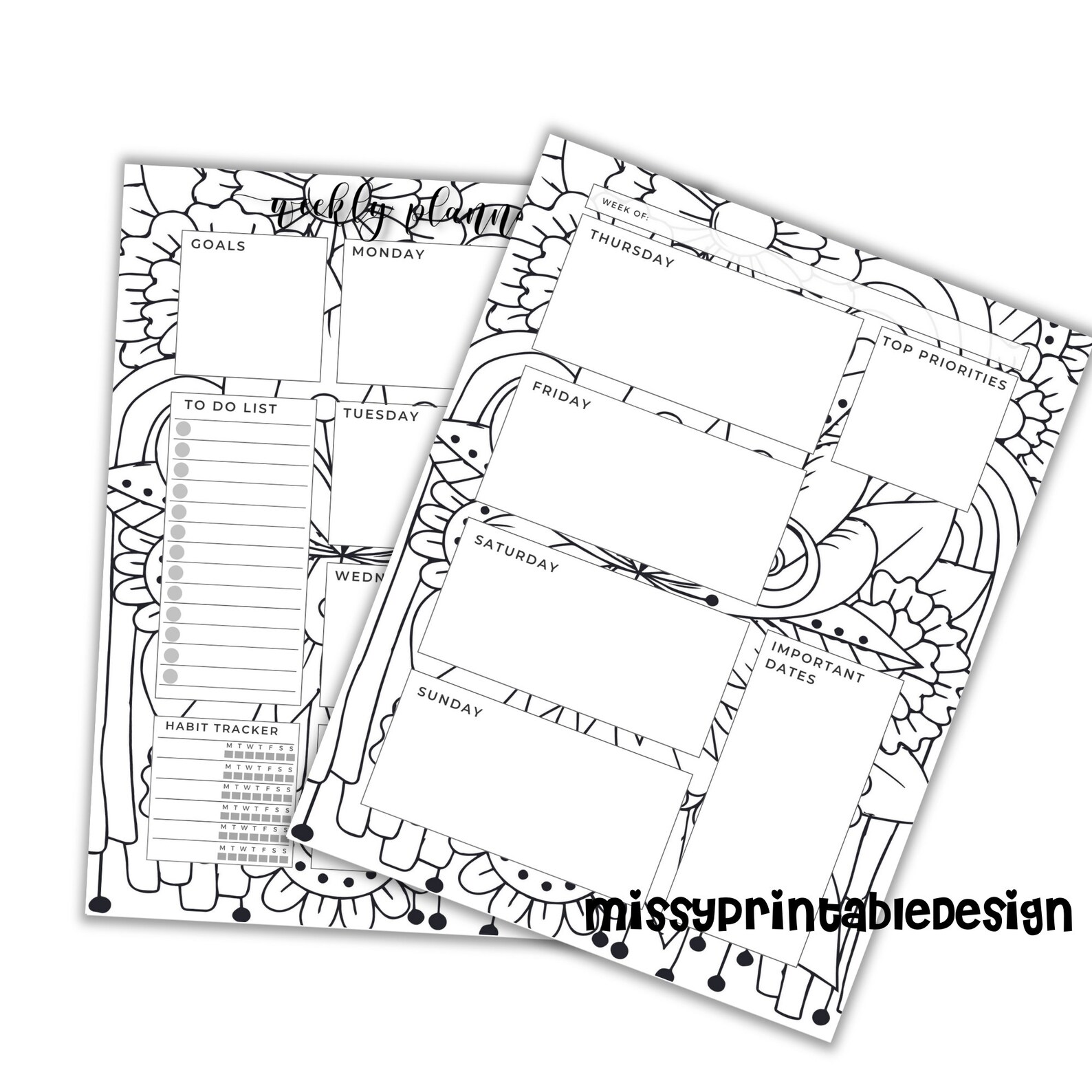 Coloring Weekly Planner Calendar Printable Coloring Weekly Etsy