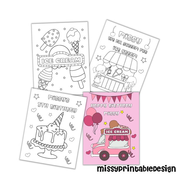 Personalized Ice Cream Truck Party Coloring Pages, Custom Ice Cream Truck Birthday Party Coloring Pages,  Ice Cream Coloring Pages for Kids