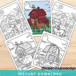 May include: A collection of farm-themed coloring pages. Each page features a different scene, including barns, animals, and children. The images are outlined in black and white, ready for coloring. The words "INSTANT DOWNLOAD" are at the bottom.