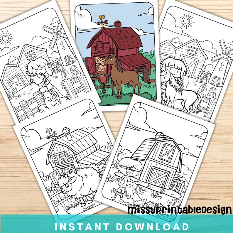 May include: A collection of farm-themed coloring pages. Each page features a different scene, including barns, animals, and children. The images are outlined in black and white, ready for coloring. The words "INSTANT DOWNLOAD" are at the bottom.