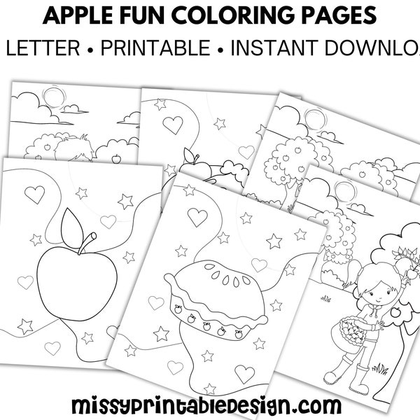 Apple Fun Coloring Pages for Kids, Printable Apple Coloring Pages, Apple Activity, Kids Coloring Sheets, INSTANT DOWNLOAD