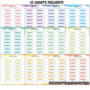 May include: Twelve printable water tracker sheets in different pastel colors. Each sheet has a grid with days of the week and rows of water glasses to track daily water intake. The text "water tracker" is written at the top of each sheet.