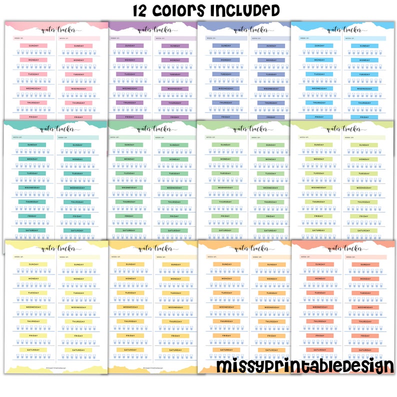 May include: Twelve printable water tracker sheets in different pastel colors. Each sheet has a grid with days of the week and rows of water glasses to track daily water intake. The text "water tracker" is written at the top of each sheet.