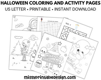 May include: A collection of Halloween-themed coloring and activity pages. The pages feature various Halloween illustrations, including a witch on a broom, a pumpkin, and a maze. Text on the pages includes "Happy Halloween" and "Costume Idea Words". The pages are labeled "US Letter" and "Printable".