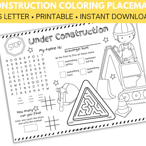 Construction Party Placemats, Printable Construction Coloring Placemats, Coloring Pages, Construction Birthday, Customized Party Placemat