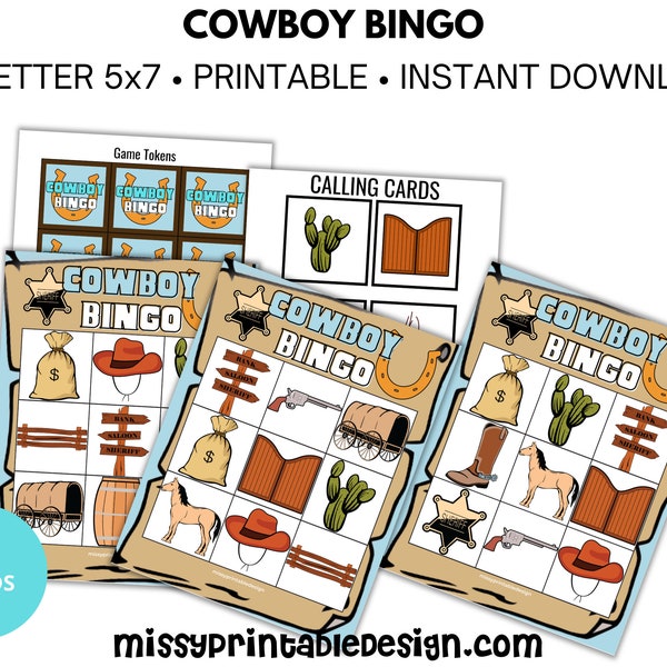 Cartes de bingo cowboy, jeu de bingo imprimable cowboy, jeu scolaire, jeux de fête cowboy, cartes de bingo faciles, bingo préscolaire