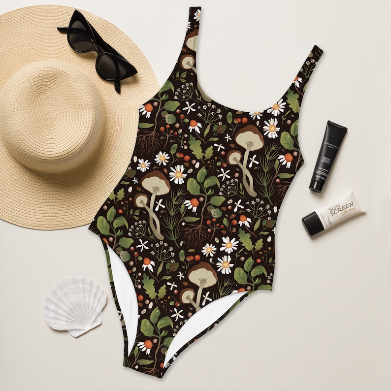 Mushroom Flower One-Piece Swimsuit Cottagecore Swimwear Mushroom Bathing Suit Dark Academia Bathing Suit Goblincore Cottagecore Beachwear 