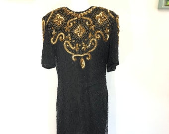 Sho-Girl Designs Vintage Black and Gold Silk Sequin Beaded Cocktail Dress