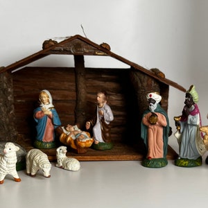 Vintage Nativity Set, Rustic Wood Manger, Made in Japan