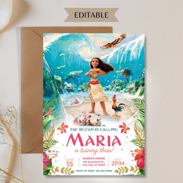 Invitación de cumpleaños de Moana, invitación de cumpleaños de Moana hawaiana editable digital, invitación a fiesta temática para niños, plantilla digital de Moana Beach